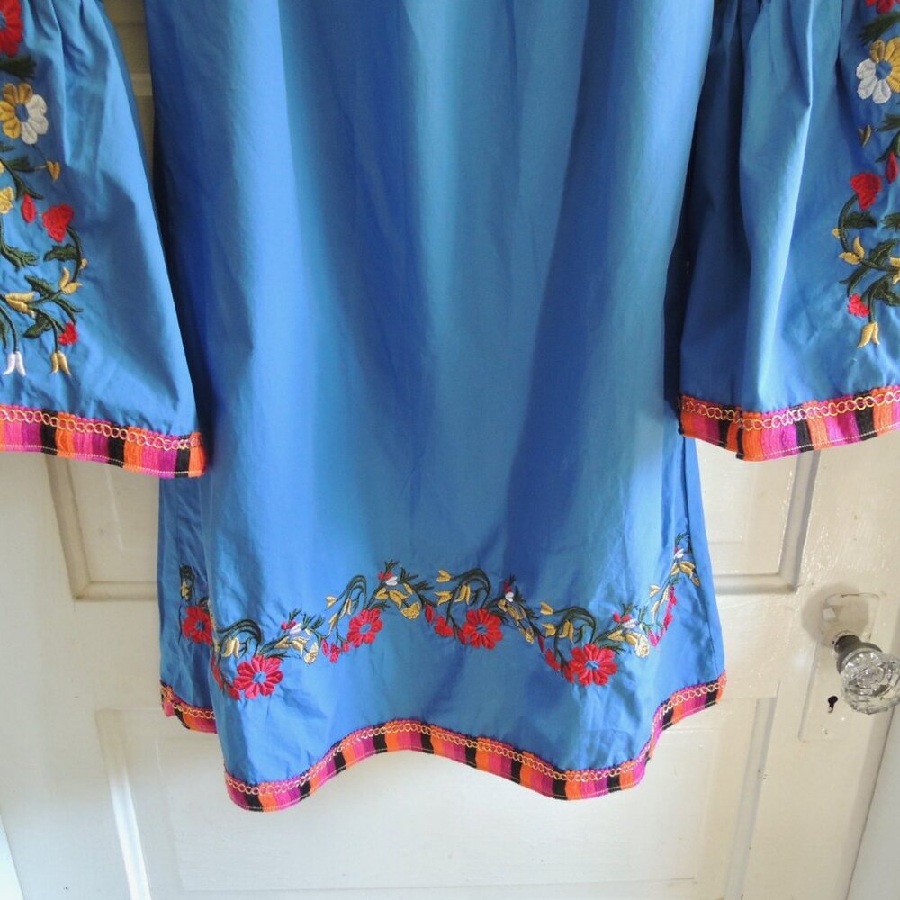 Velzera Royal Blue Embroidered Bell Sleeve Mini Dress Tunic S - Picture 6 of 10